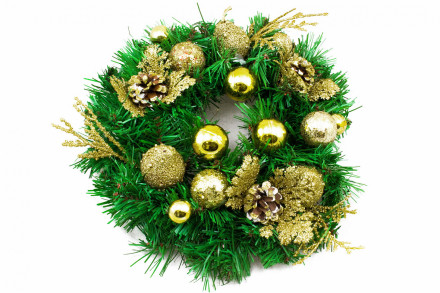 Рождественский венок Золотой 30 см с шарами и шишками